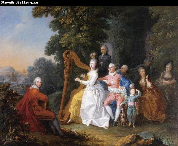 unknow artist An elegant party in the countryside with a lady playing the harp and a gentleman playing the guitar